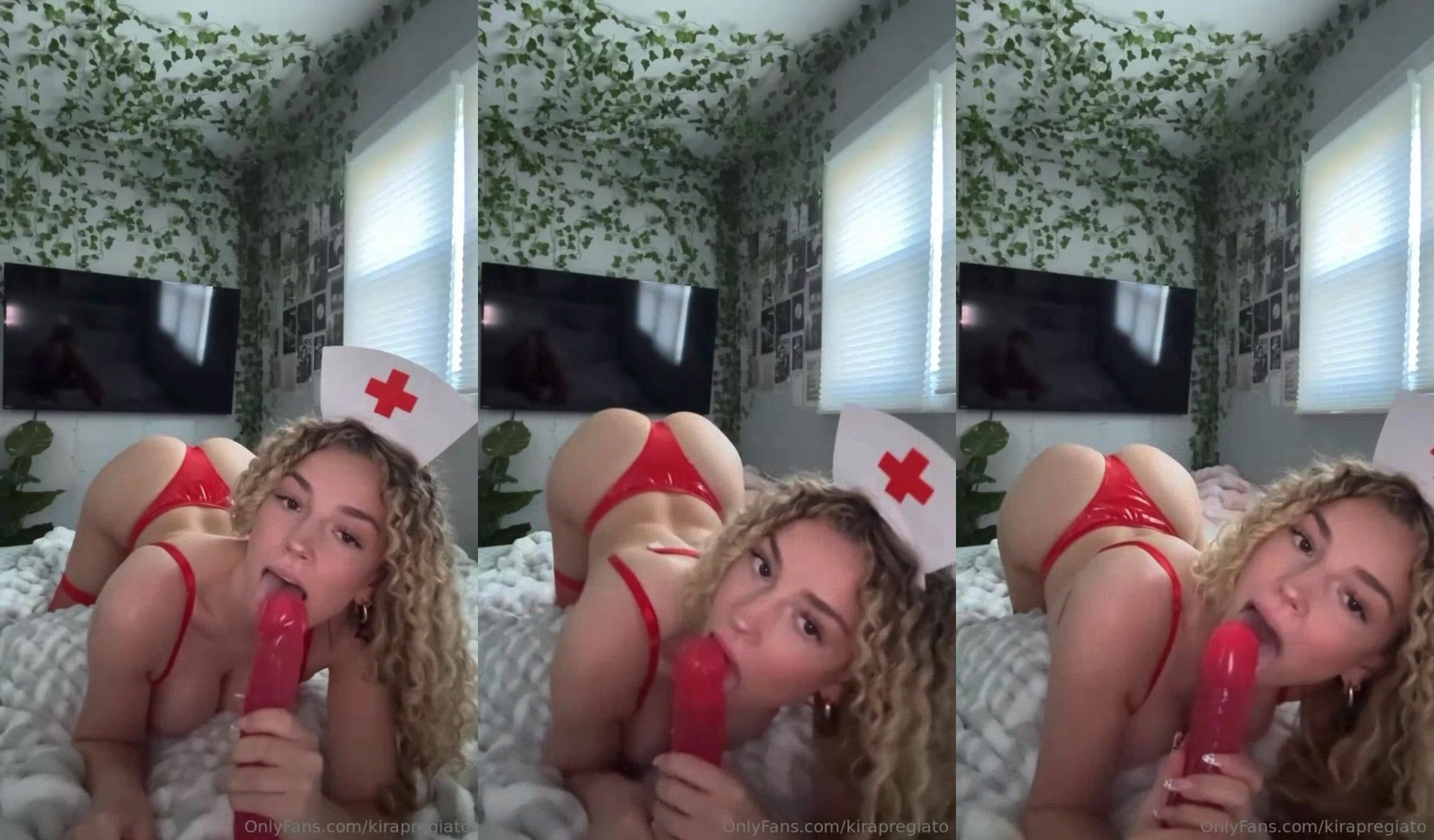 Kira Pregiato Blowjob in Bed with Red Dildo